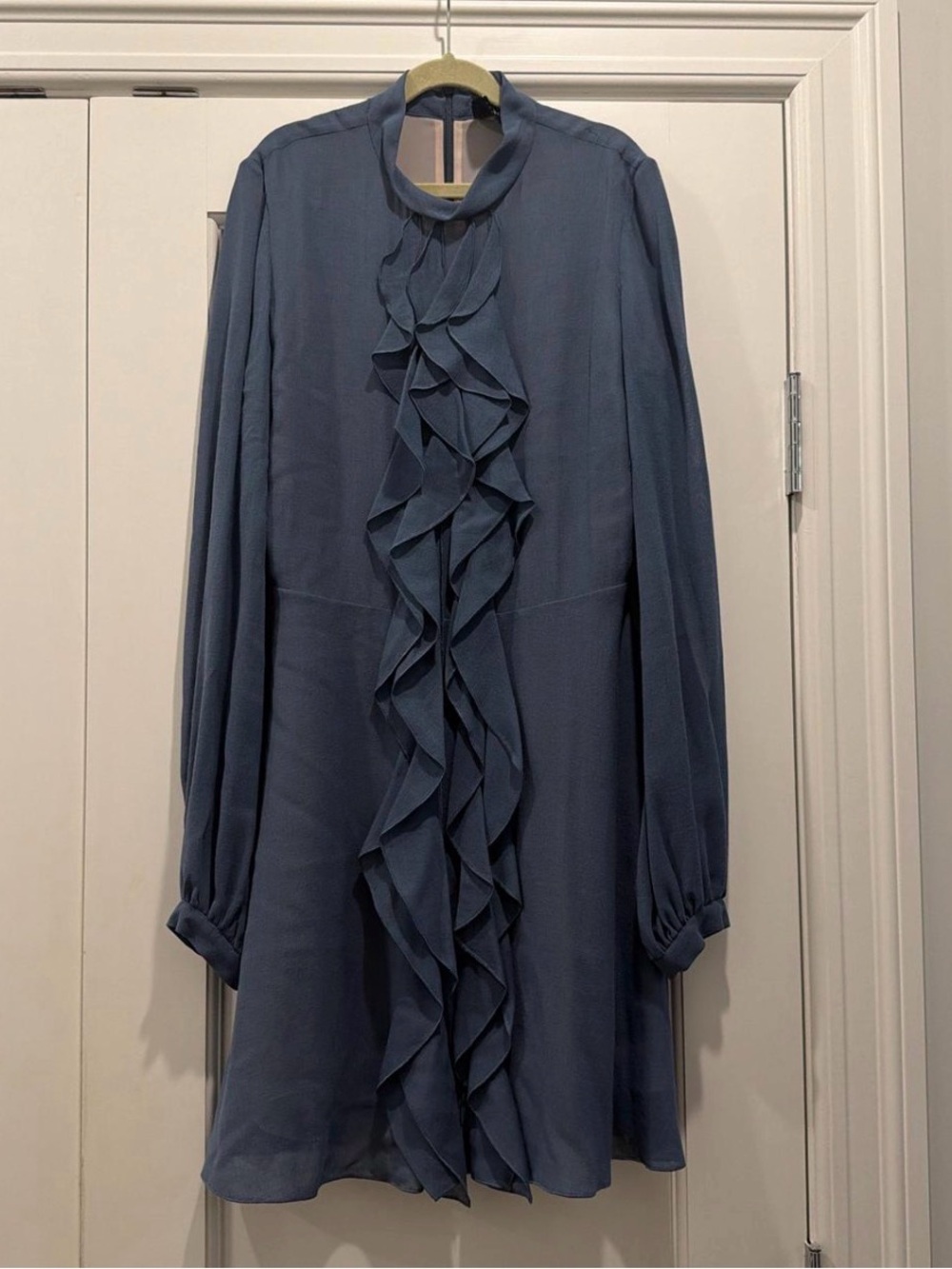 Longchamp Slate Blue Ruffle-Front Long Sleeve Tunic Dress - Picture 1 of 3